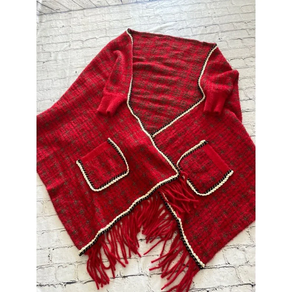 Full Furry Houndstooth Shrug Shawl w sleeves‎ Fringes Pockets Red White Blk Gold